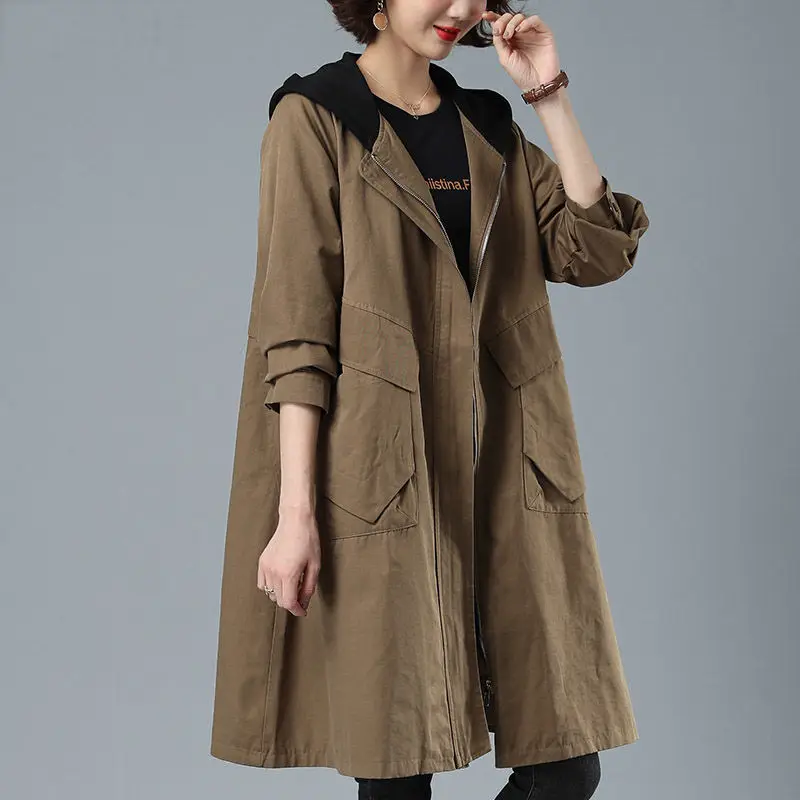 

2022 Spring Autumn Windbreaker Women Fashion Mid-Long Trench Coat New Loose 4XL Coat Female Pocket Hooded Outerwear