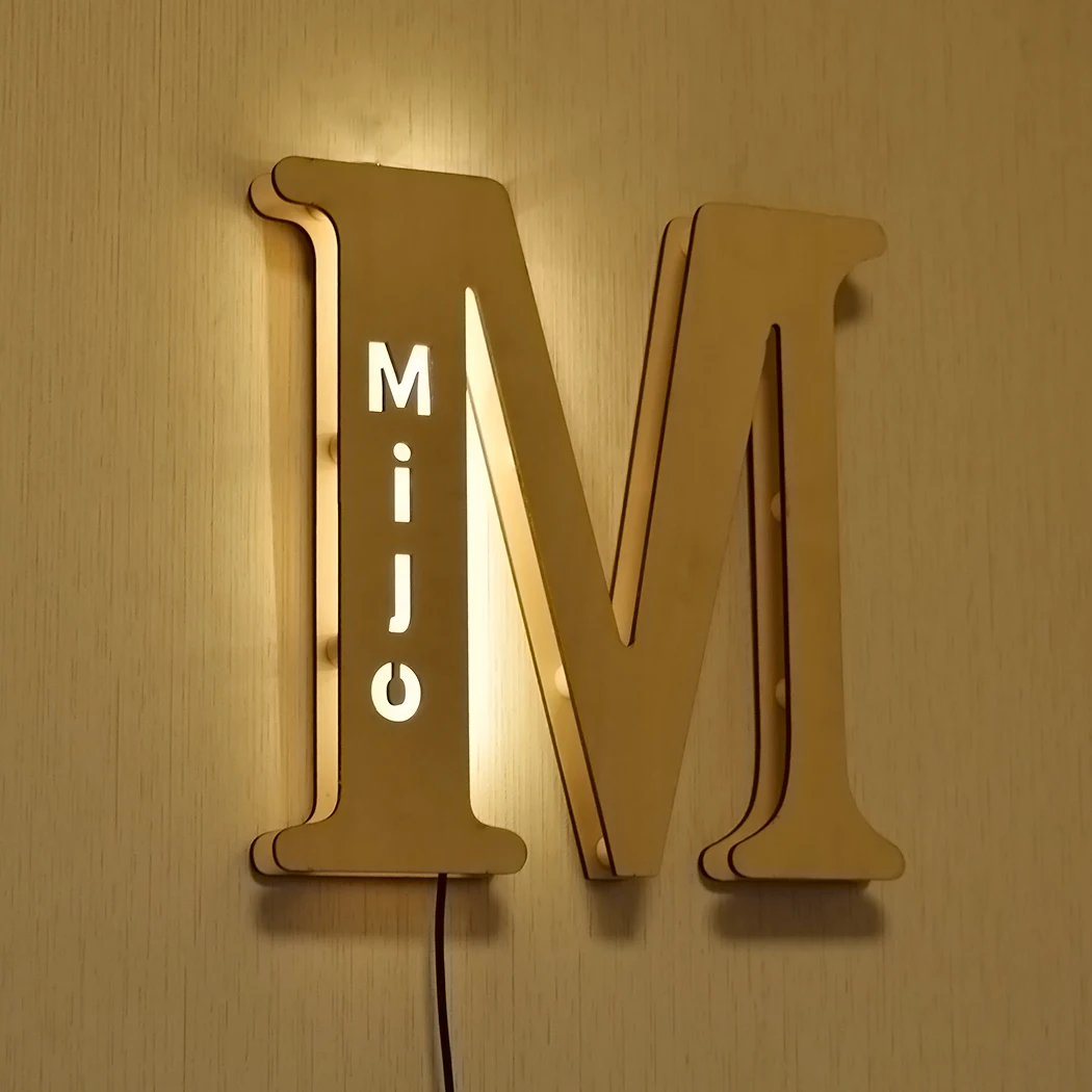 Personalized Name Alphabet Decoration Wood Night Light Bedside Lamp LED Wall Lamp Letter Hollow Initial Ornament for Kids