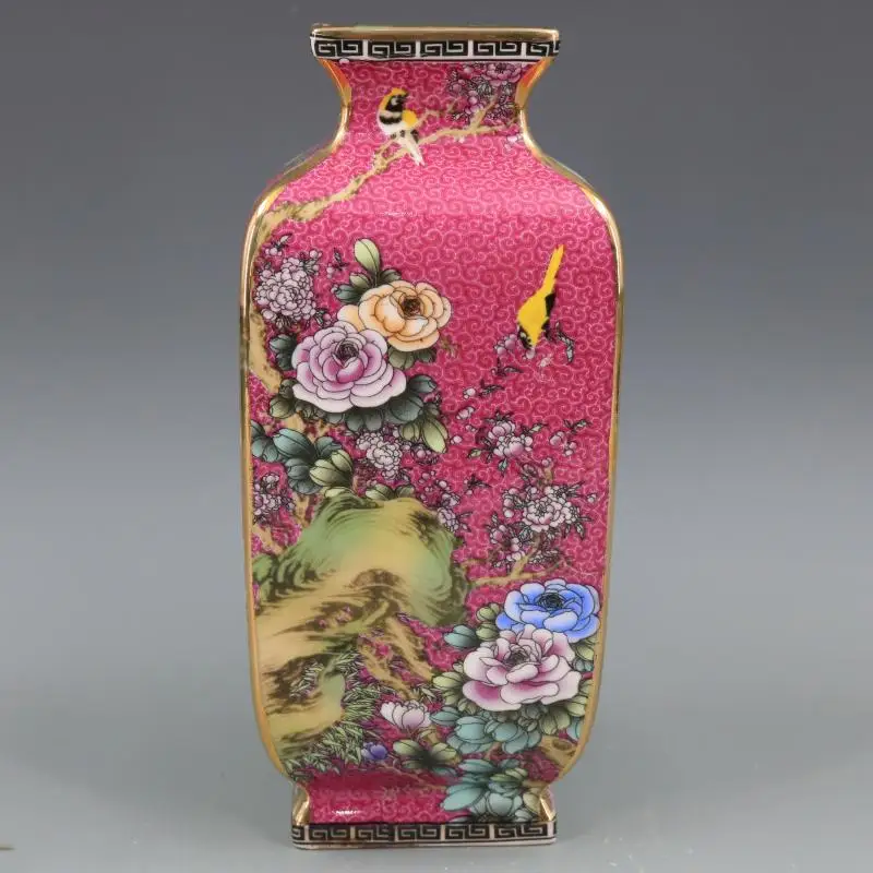 

Qing Dynasty Qianlong Enamel Painted Gold Flowers And Birds Square Vase Home Furnishings Antique Porcelain Collection