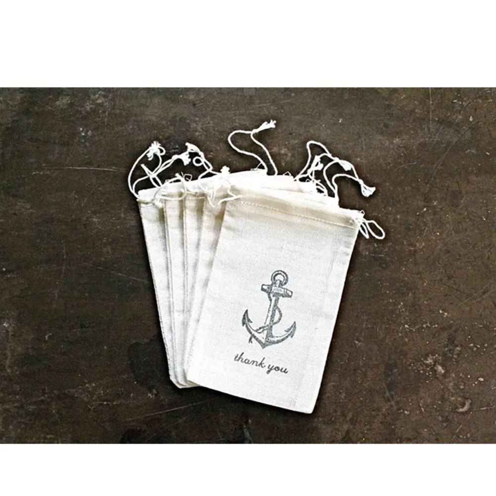 

Nautical Favor Bags for Wedding, Shower, or Party Rustic cotton gift bags, vintage style anchor, Thank You Drawstring party