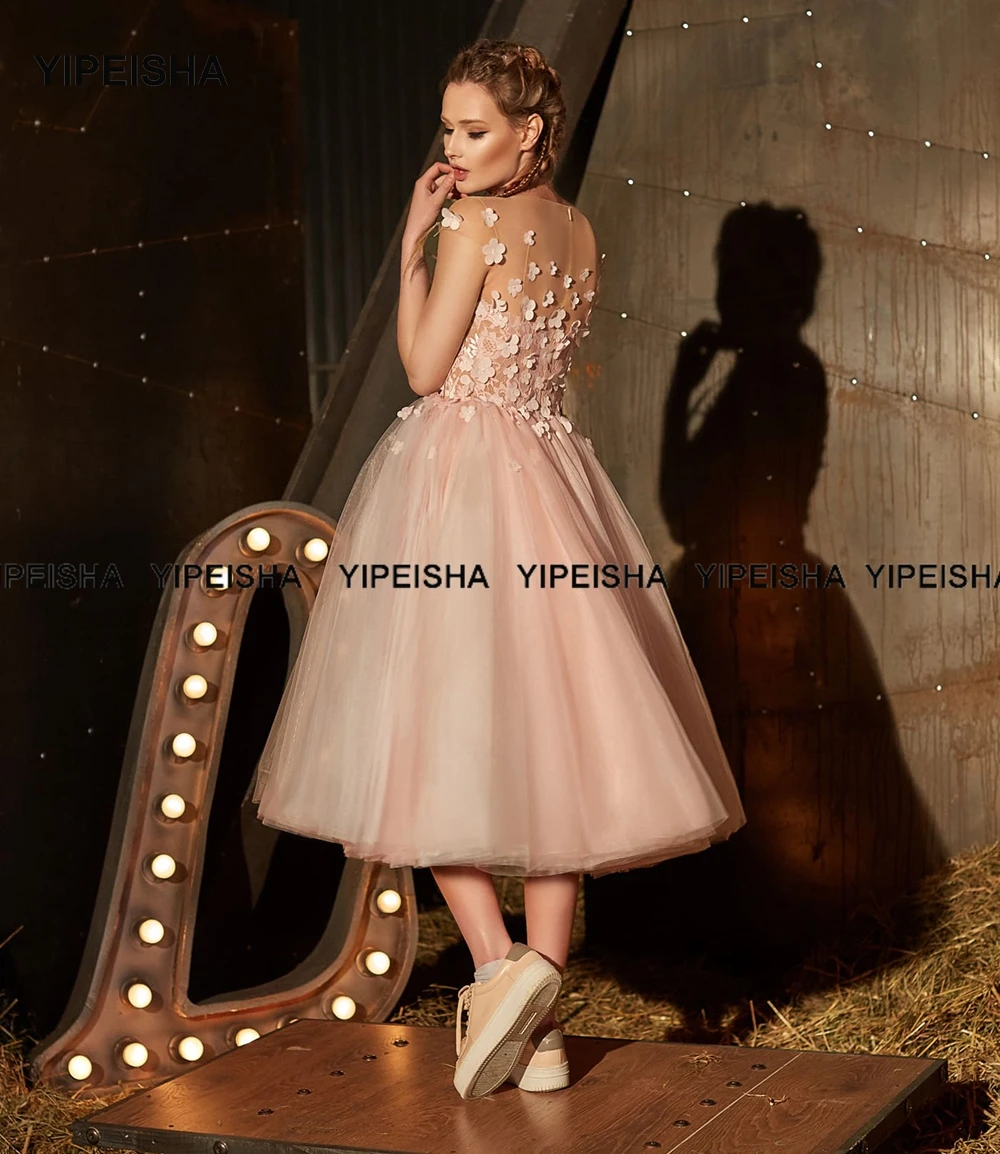 Yipeisha – robe de soirée en Tulle à manches courtes, forme trapèze, motif de fleurs, longueur du thé, tenue de fête formelle