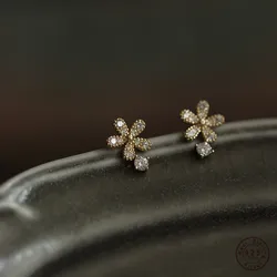 925 Sterling Silver Shiny Crystal Flower Stud Earrings Women Cute Elegant Party Wedding Jewelry Accessories Girlfriend Gifts