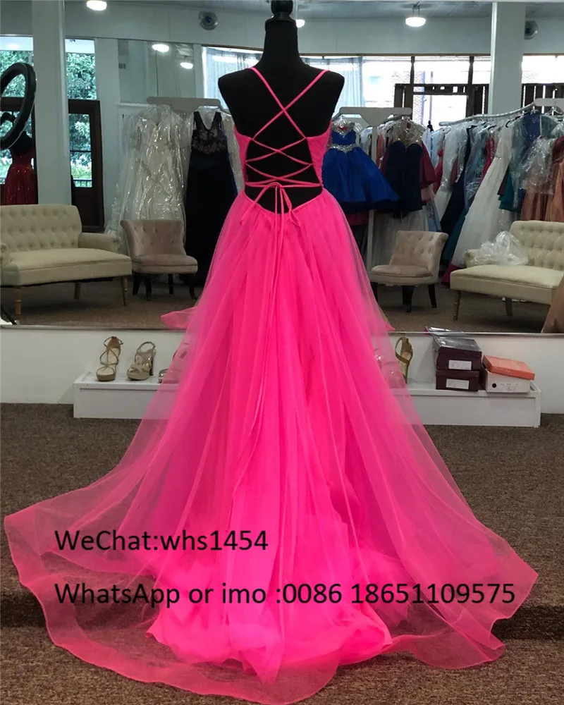 Elegant Stylish Fuchsia Tulle Prom Dress 2023 Sexy Spaghetti Strap A Line Forma Long Evening Gown Dresses Newest Robe De Soiree