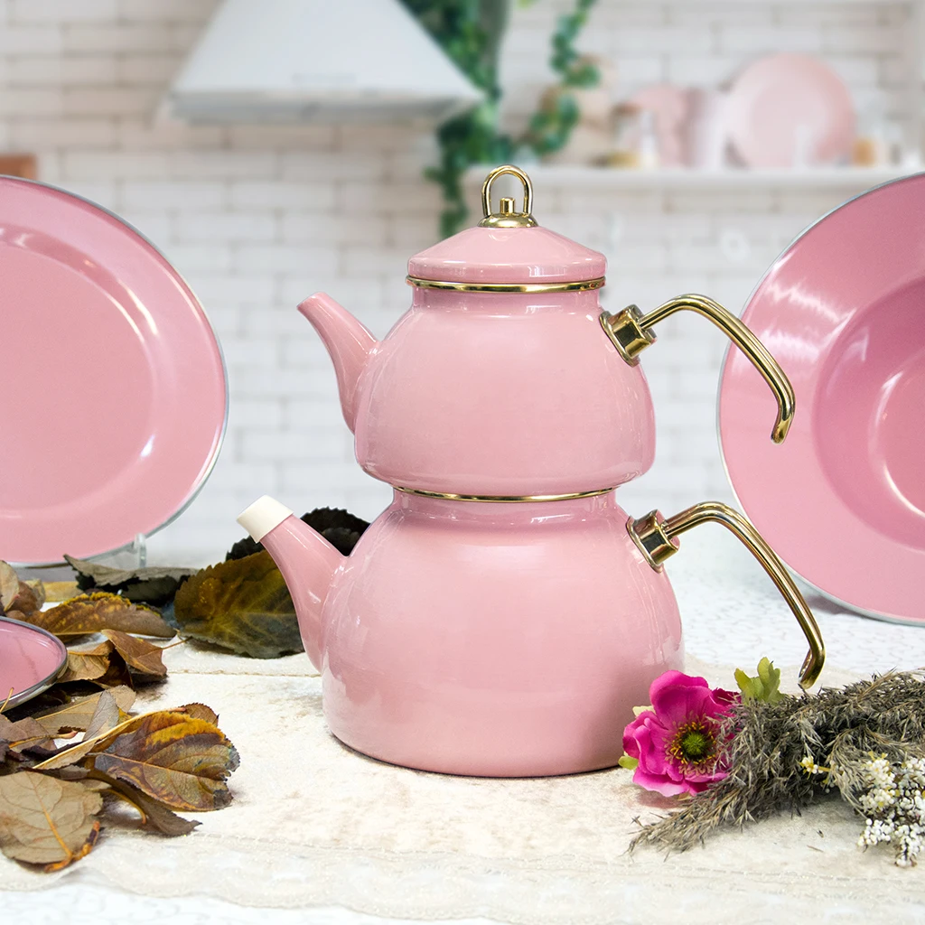 LaModaHome Pink Color Glory Enamel Turkish Tea Pot Kettle