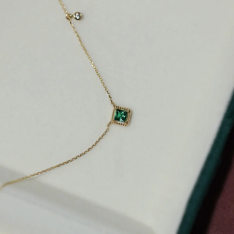 WOOZU 925 Sterling Silver Square Green Zircon Clavicle Charm Pendant Necklace for Women Wedding 14k Gold Plated Jewelry Gift