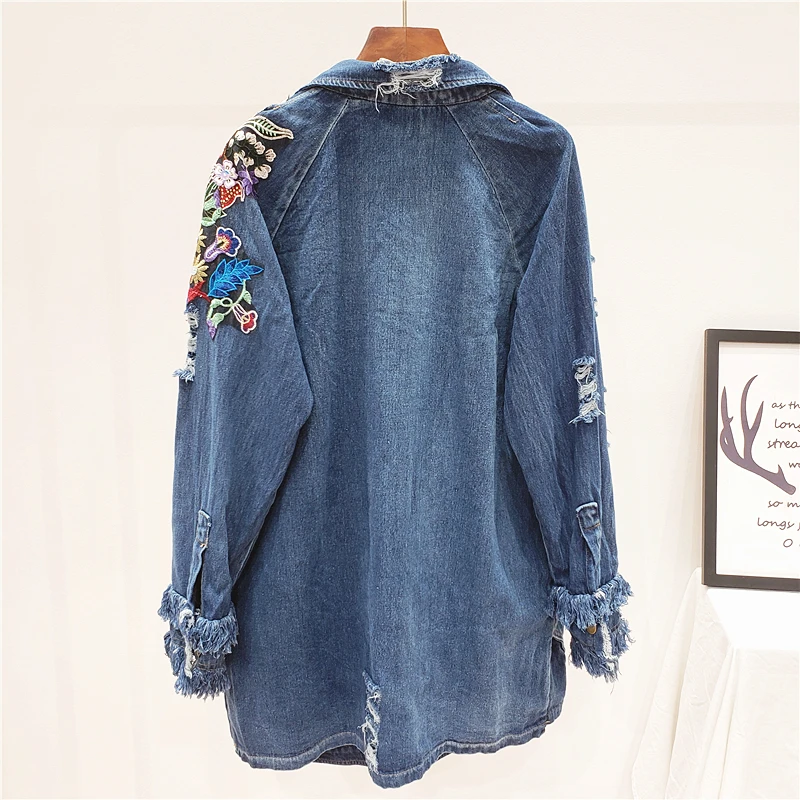 Harajuku Heavy work Flower embroidery Hole Denim jacket Women Streetwear Autumn Mid-length Loose Casual Jean coat Chaqueta Mujer