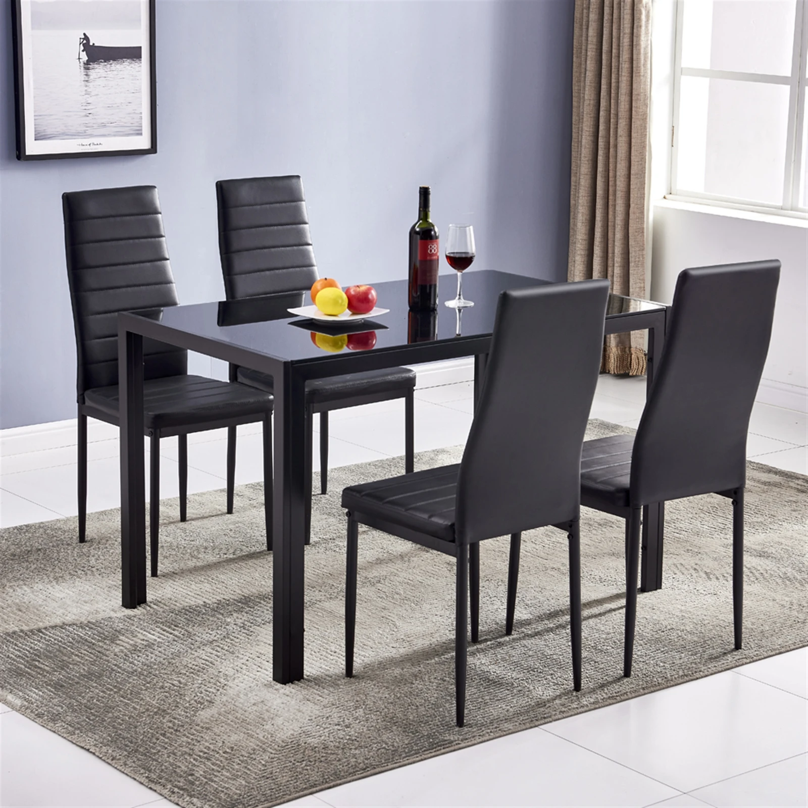 5Pcs Simple Dining Table Chair Set Include 1 Tempered Glass Table(120x70x75CM) + 4 High Backrest Chairs Black[US-Stock]