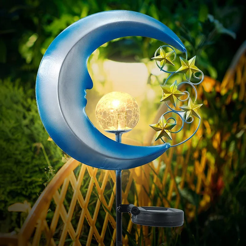 

Star Moon Solar Light Outdoor Solar Garden Stake Light Crackle Glass Solar Landscape Path Light Waterproof For Yard Lawn Pathway