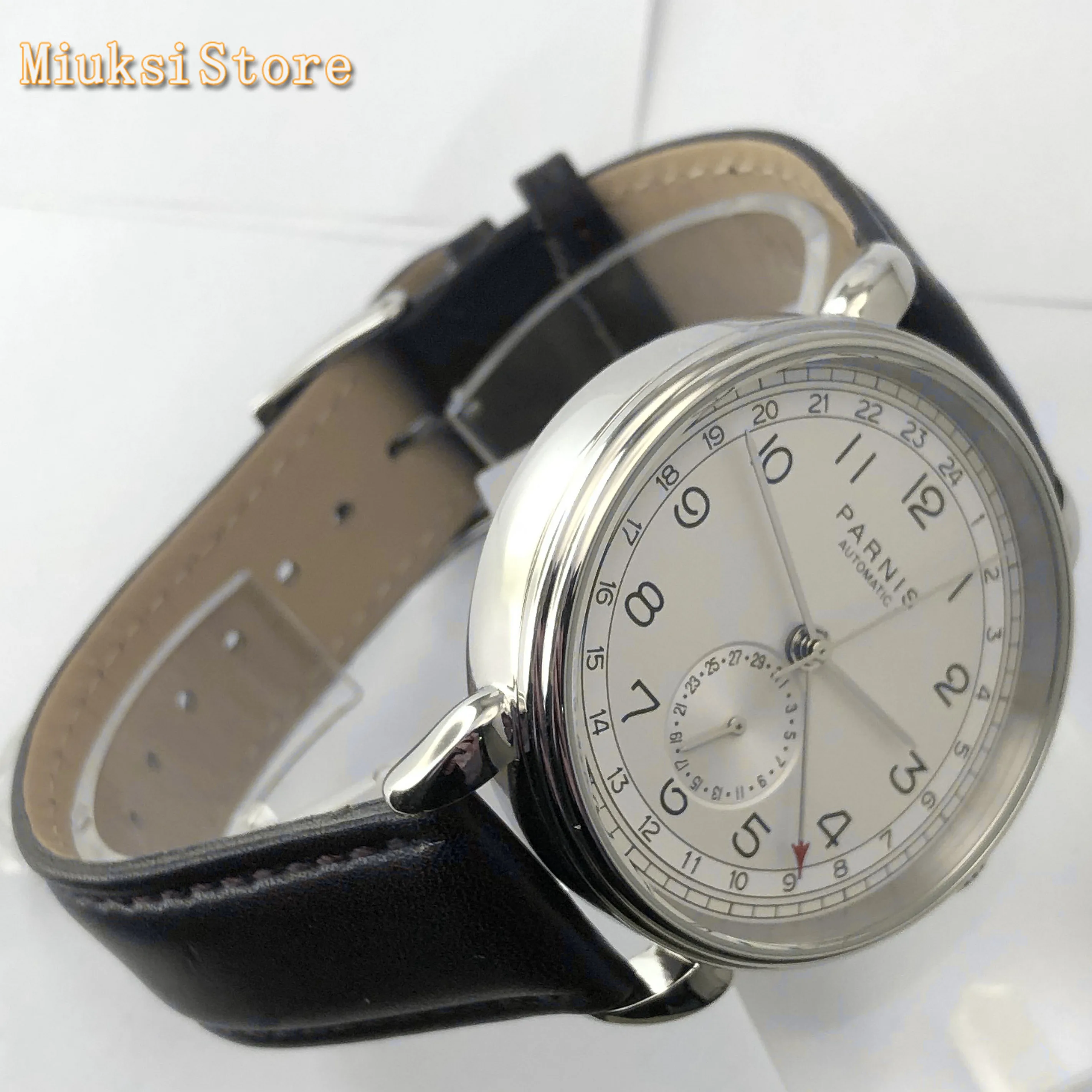 Parnis Top mens automatic mechanical watch 42mm silver case GMT arab mark date window leather mens watches