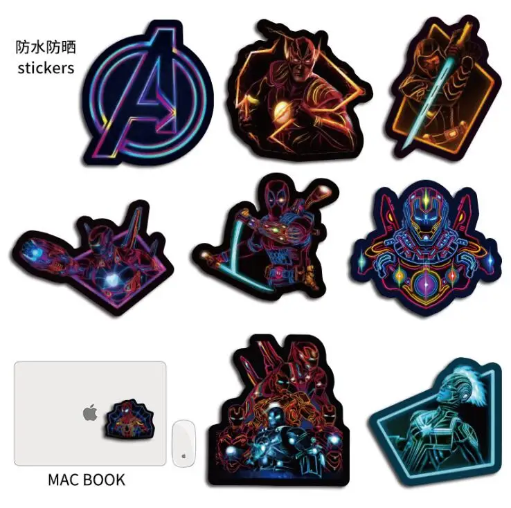 100pcs glow in the dark Marvel Stickers Cool The Avengers Waterproof Sticker Luggage Skateboard Guitar Laptop Stikers Kid Toy