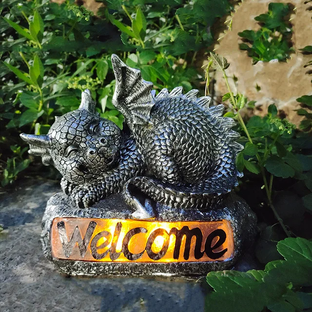 Garden Solar Luminous Resin Dinosaur Welcome Sign Decoration Outdoor Landscape Sculpture Crafts Park Villa Figurines Ornaments