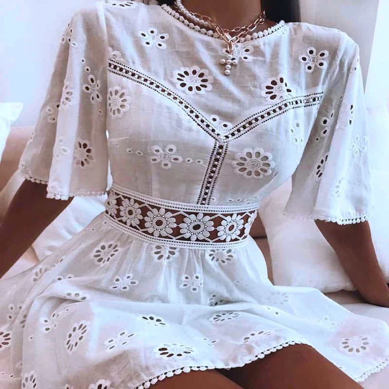 Molly Hollow out Cotton Lace Dress Mini Sexy Backless party O-neck   White Classic Elegant hot Flare Half sleeve Girl Mini Dress