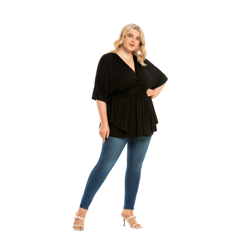 2021 New Hot Sale European And American Style Plus Size V-Neck Half Sleeve Solid Color Loose Shirt For Women