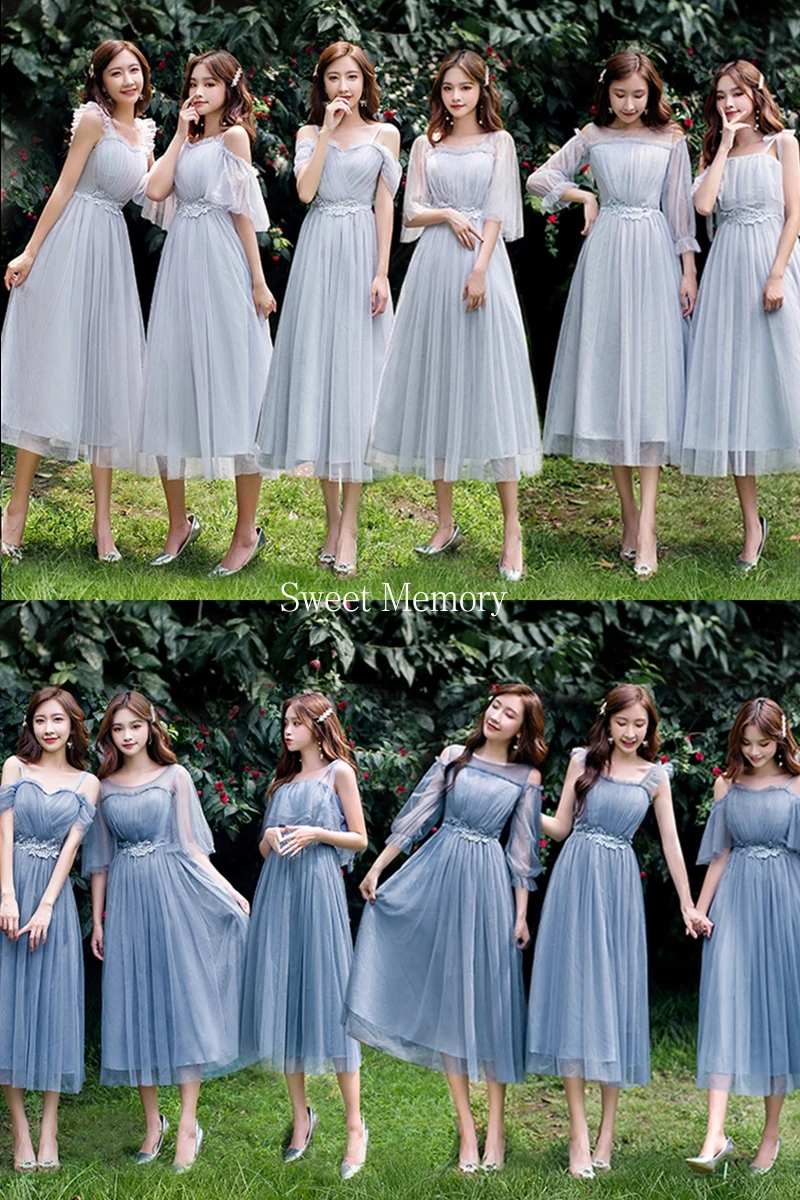 Blue Gray Pink Champagne Adult Junior Bridesmaid Dresses Lace Mesh Robes Summer Autumn Wedding Party Dress Sweet Memory