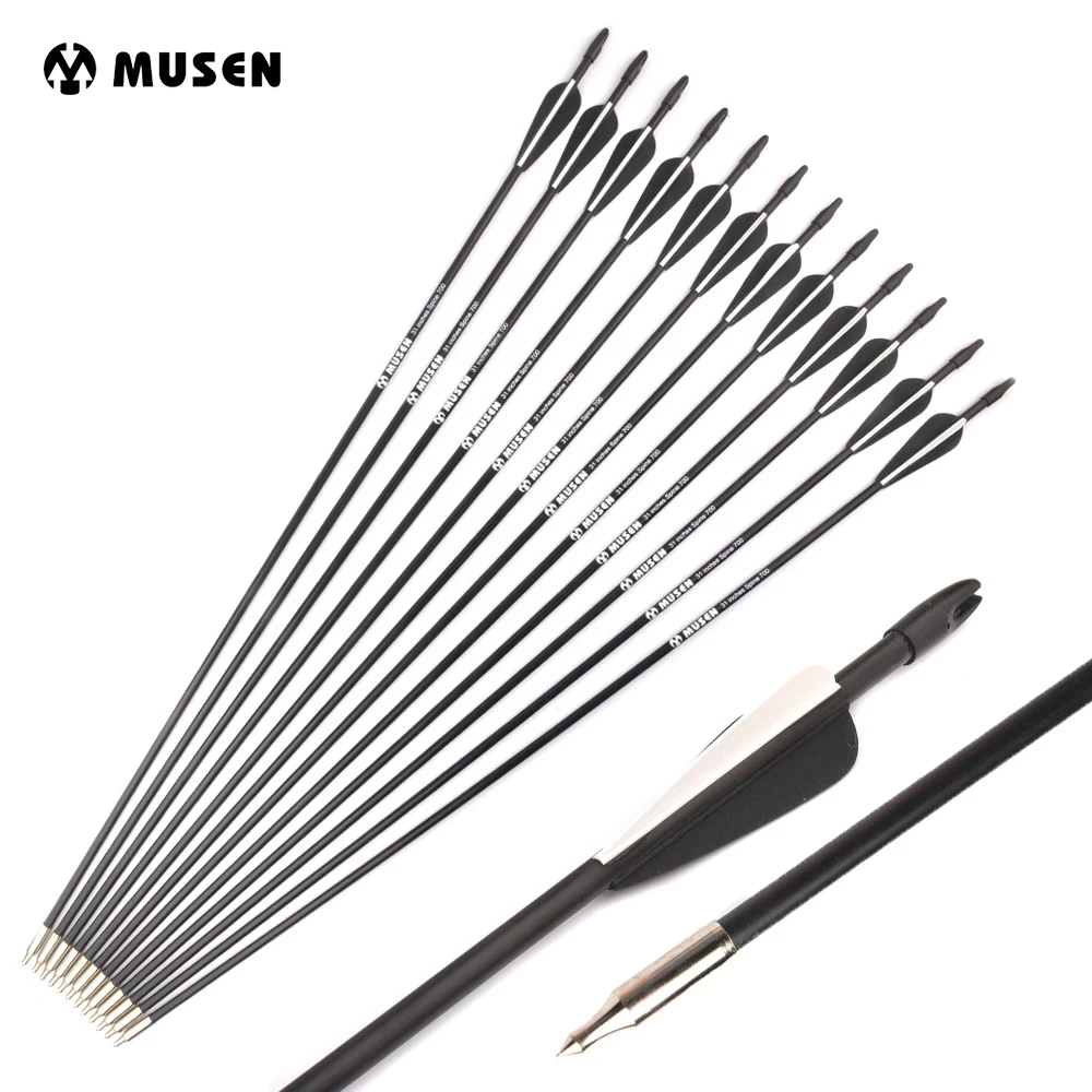 31.5 Inch Fiberglass Arrow Diameter 7mm Spine 700 with 2 Black 1 White Feather for Recurve Bow Archery Hunting Shooting