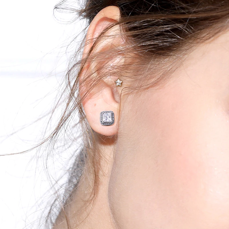 New Fashion Party Luxury Crystal Square Stud Earrings 925 Sterling Silver AAA Zircon Exquisite Ear Stud For Women Jewelry Gift