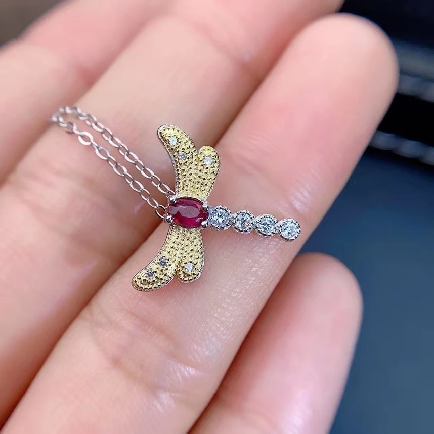 KJJEAXCMY fine jewelry 925 Silver inlaid Natural ruby Gemstone popular necklace ladies dragonfly pendant support check