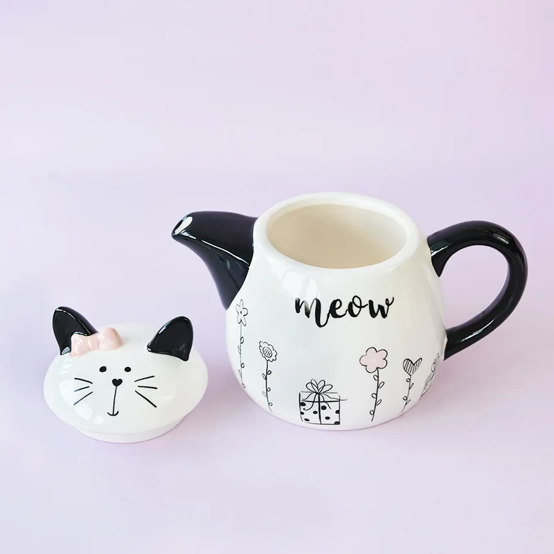 France romantic cute cat cartoon European and American black and white ceramic teapot gift home tea set decoration.