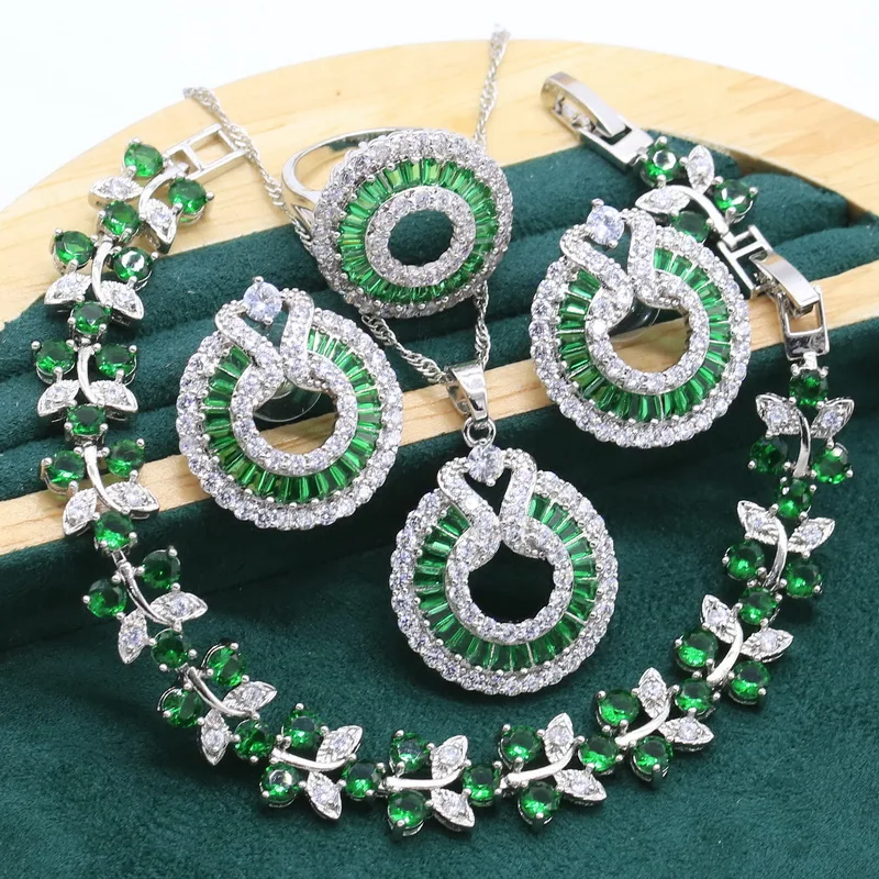 Exquisite Green Topaz Silver Jewelry set for Women Bracelet Earrings Necklace pendant Ring Halloween Gift Wedding Jewelry