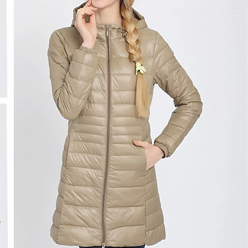 

Autumn Winter Nylon Women's Down Jacket Hooded Long Sleeve Cardigan Zipper Pockets Slim Solid Thin Fashion Casual Down Jacket