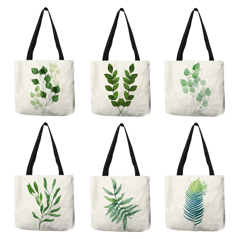 

Экологичная многоразовая сумка для покупок с зеленым растительным принтом, женские сумки-тоуты, повседневные сумки, дорожные пляжные сумки для студентов