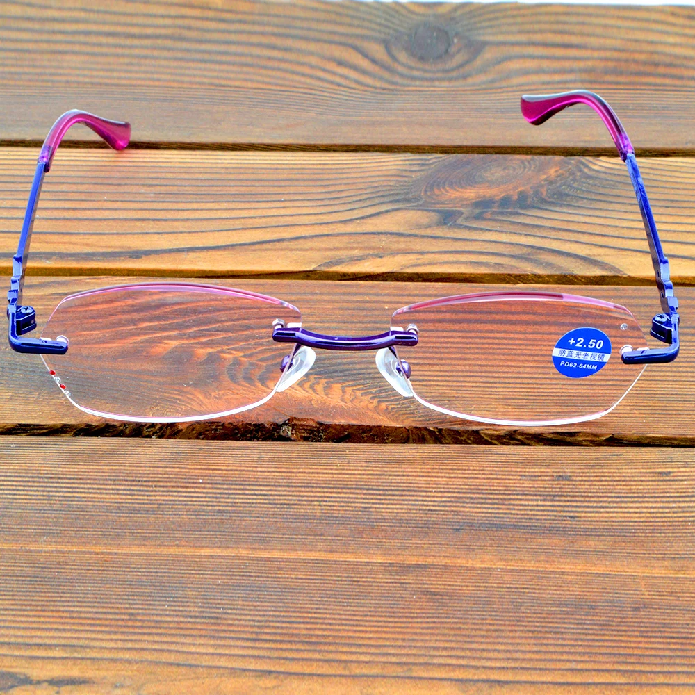 Rectangle Purple Frame Rimless Light Spectacles Multi-coated Red Lenses Fashion Reading Glasses +0.75 To +4