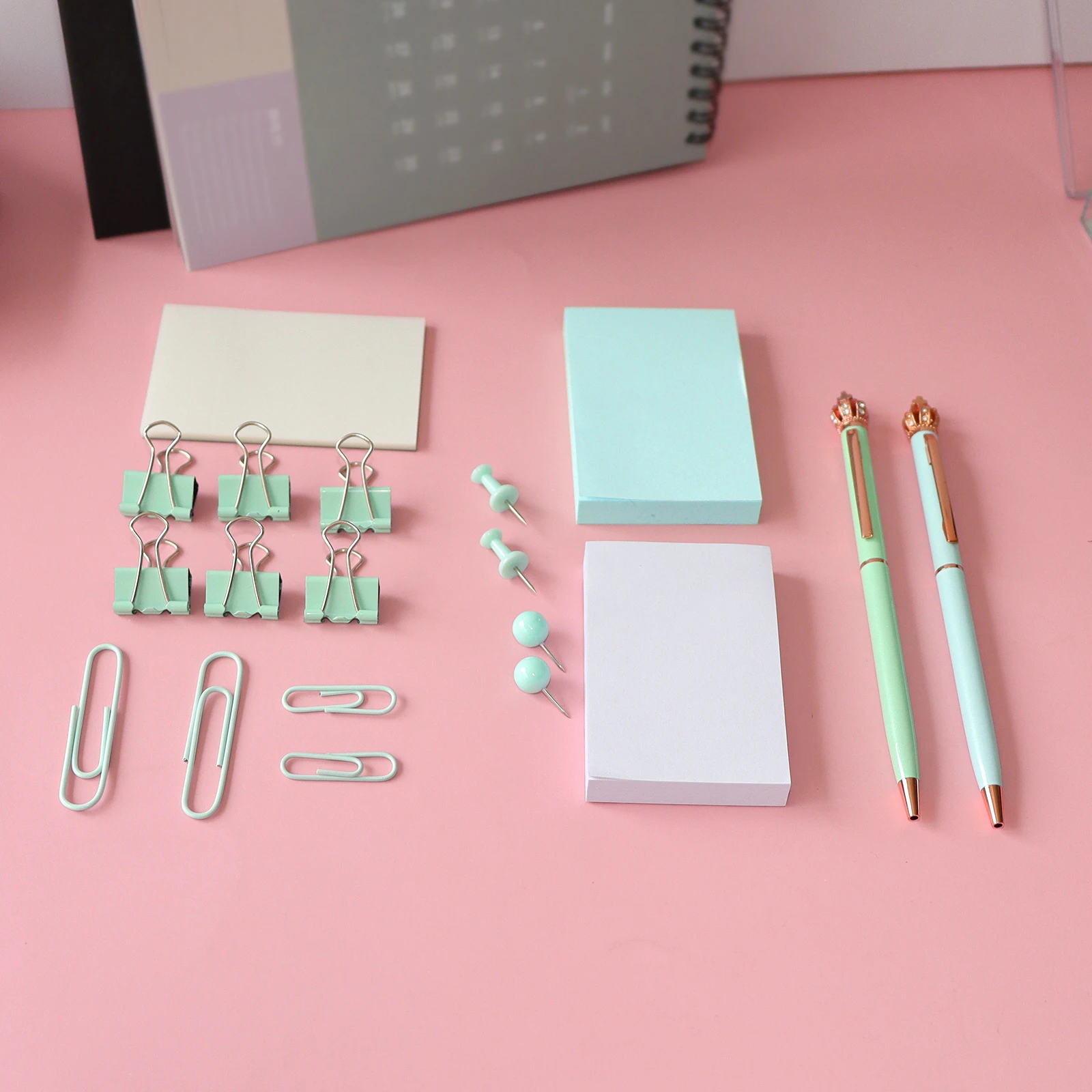 Mint Green Creative Stationery Sets Ballpoint Pens Sticky Notes Paper Clips Long Tail Clip Pins Macaroon Series Office Supplies