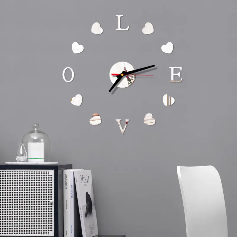 LOVE AND HEART Wall Clock 3D DIY Acrylic Mirror Stickers Clock Watch  Living Room Bedroom Home Decor Large Silent Elreloj Mural