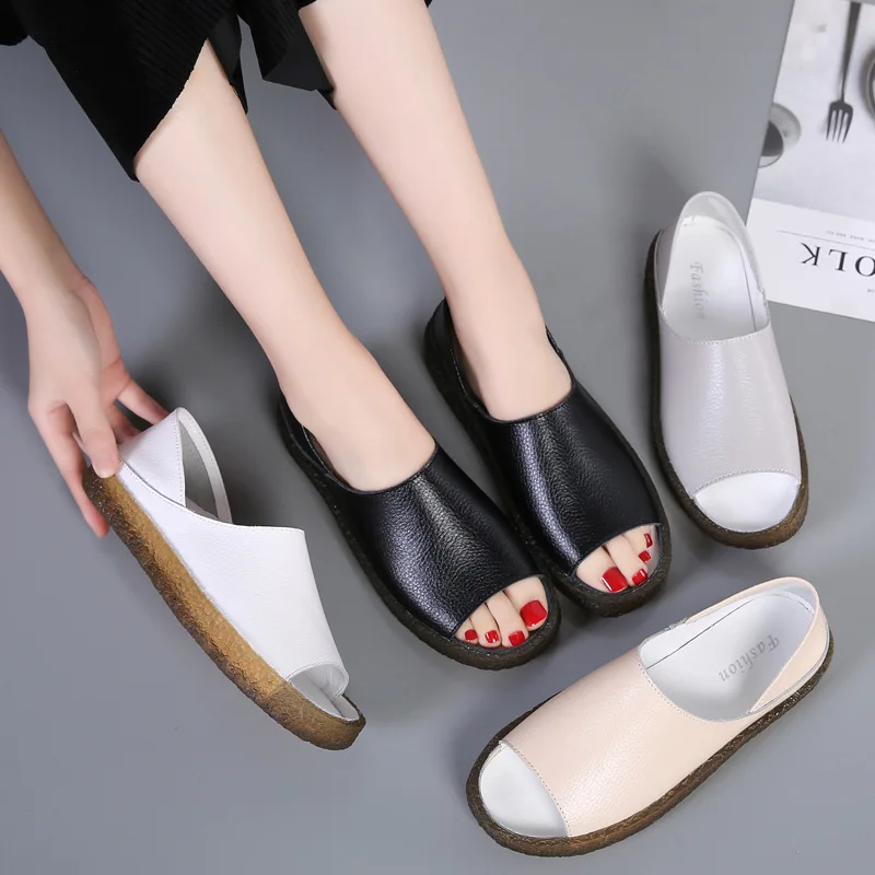 Women Sandals Summer Fashion Genuine Leather Wedges Casual Shoes Woman Non-slip Beach shoes Female Soft bottom Sandals Big size