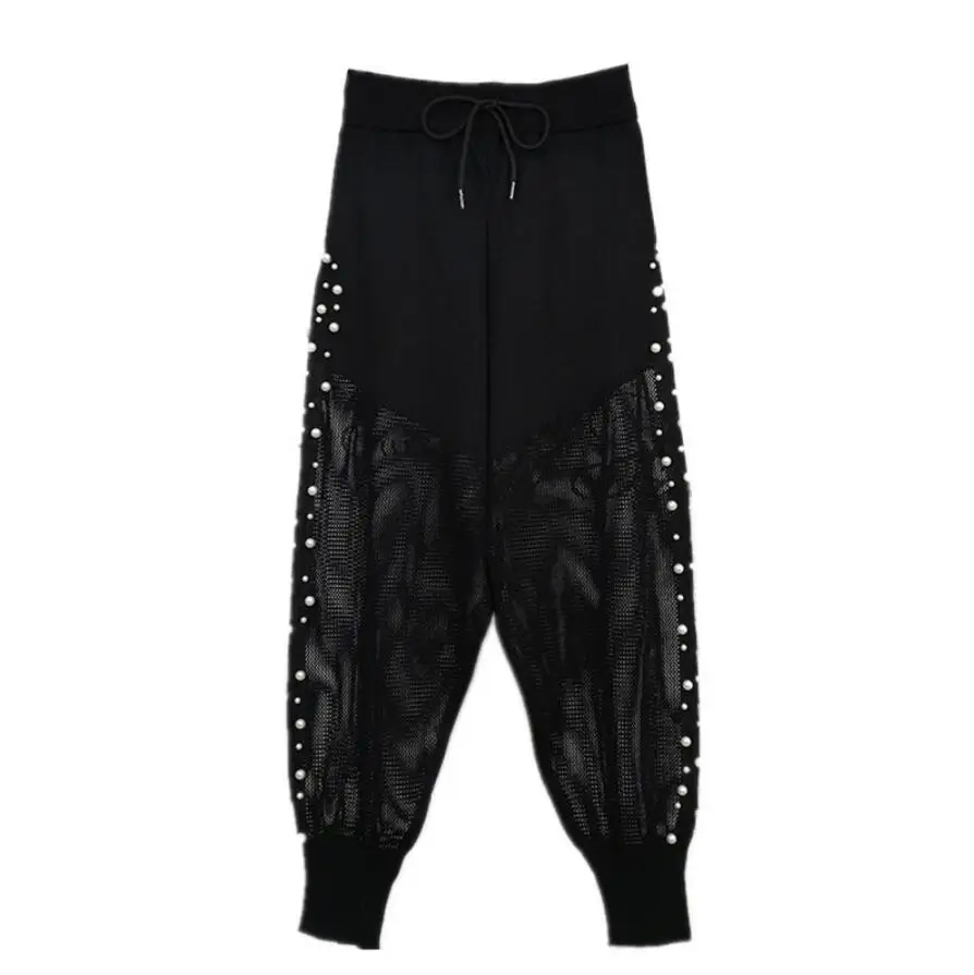 

Korean fashion Beaded Hollow Out Harem Pants Women ealstic waist Casual Sports Pants All-match Knitted Pants s402