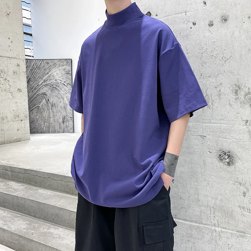 2024 Streetwear Turtleneck Men Tshirt Solid Hip Hop Male Oversized T shirts Man Casual Short Sleeve Top Tees Black/White/Purple