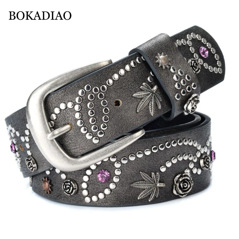 BOKADIAO Women's Leather Belt Leaves Flowers Punk Rivets Fashion Belts for Women Luxury Pin Buckle Jeans Waistband Female Strap