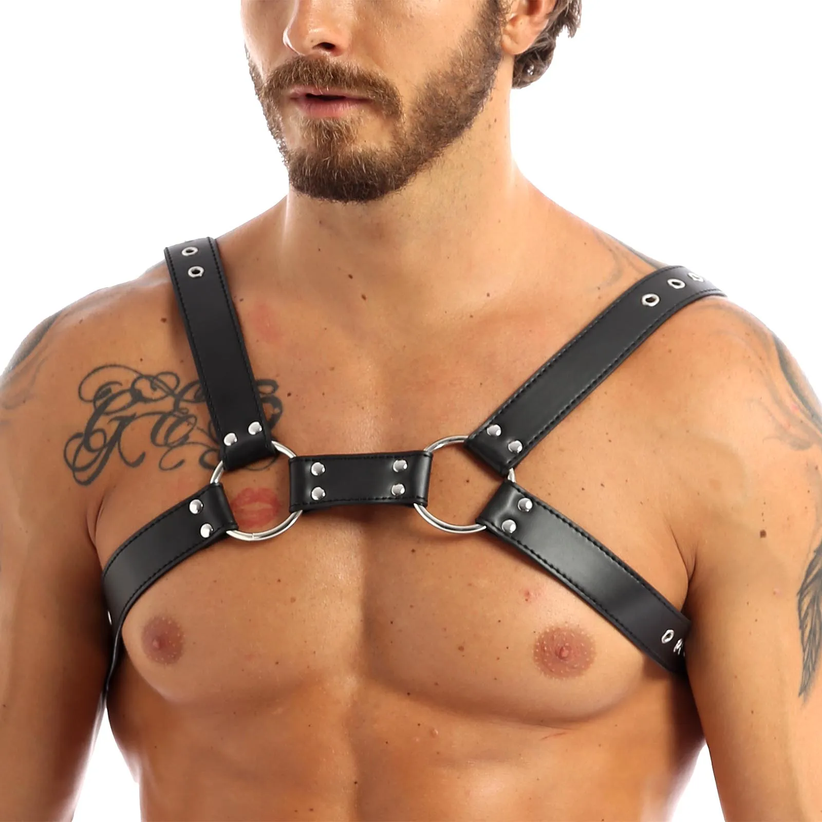 Mens Black Leather Punk Rave Body Chest Harness Gay Clothing Adjustable Buckle Straps Hot Sexy Body Chest Strap Gothic Clubwear