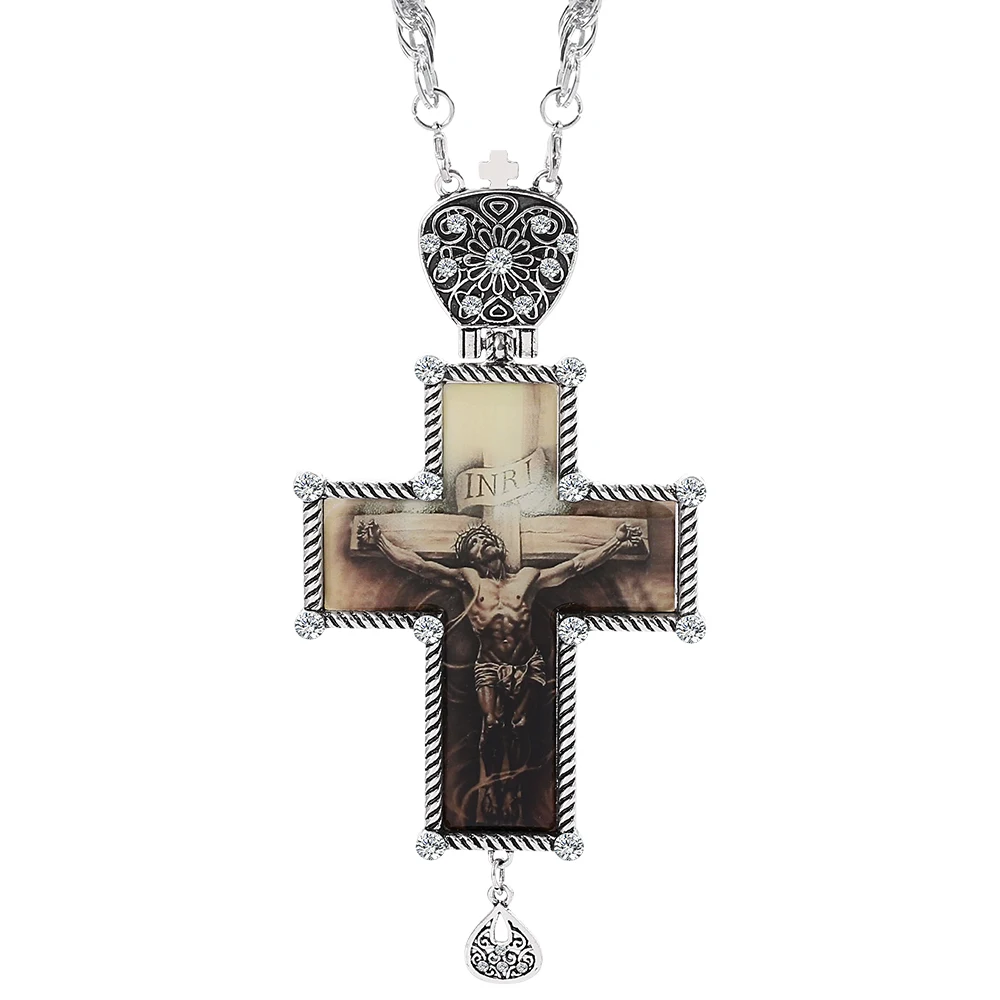 Vintage Silver Color Orthodox Russia Cross Russia Jewelry Pastor Craft Crucifix Religious Pendant Necklace With 120CM Chain