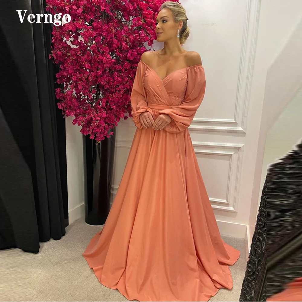 Verngo 2021 simples blush rosa cetim vestidos de baile fora do ombro puff mangas compridas feminino formal vestidos de noite plus size