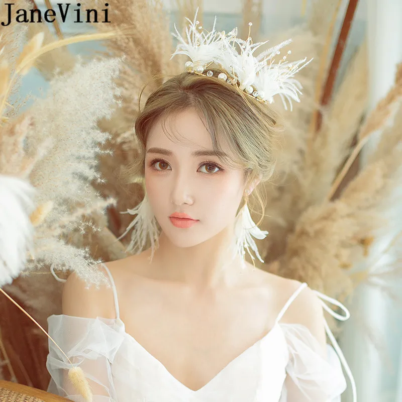 

JaneVini Boho White Feather Bridal Round Crown Korean Wedding Tiaras Crowns with Earrings Party Beaded Princess Hair Accessories