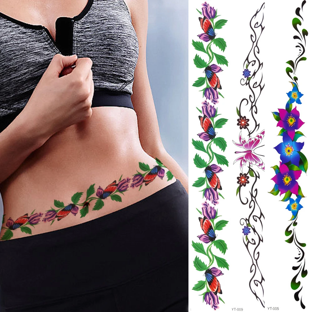 Realistic Fake Flower Tattoos Sticker For Women Girls Body Art Waist Temporary Tattoos 3D Throns Butterfly Tatoos Paper Cover Up