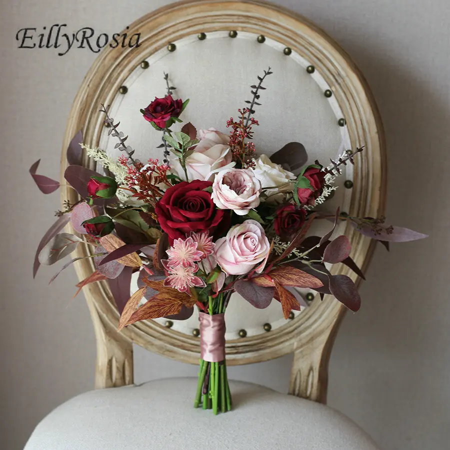 

EillyRosia Fall Vintage Bridal Bouquet Burgundy Dark Red Dusty Pink Wildflowers Destination Wedding Bouquet Decor Bridesmaid