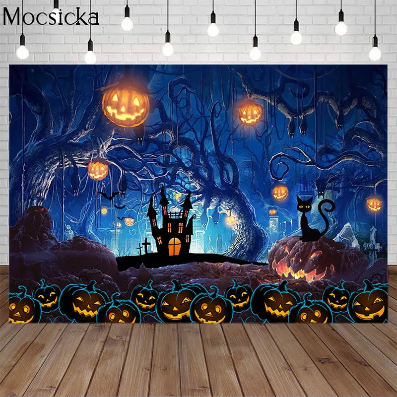 

Happy Halloween Photography Backdrop Pumpkin Lantern Ghost Castle Bat Child Birthday Photo Studio Booth Decor Background Props