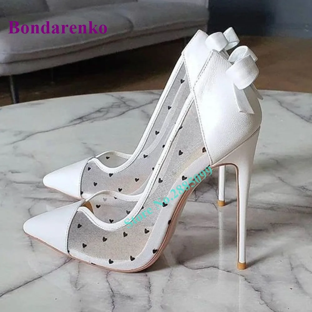 

Pointed Toe Mesh Heart Knot Pumps Stiletto Heel Ankle Slip On Patchwork Shallow Pumps Women Wedding Shoe Spring Party Dress Shoe