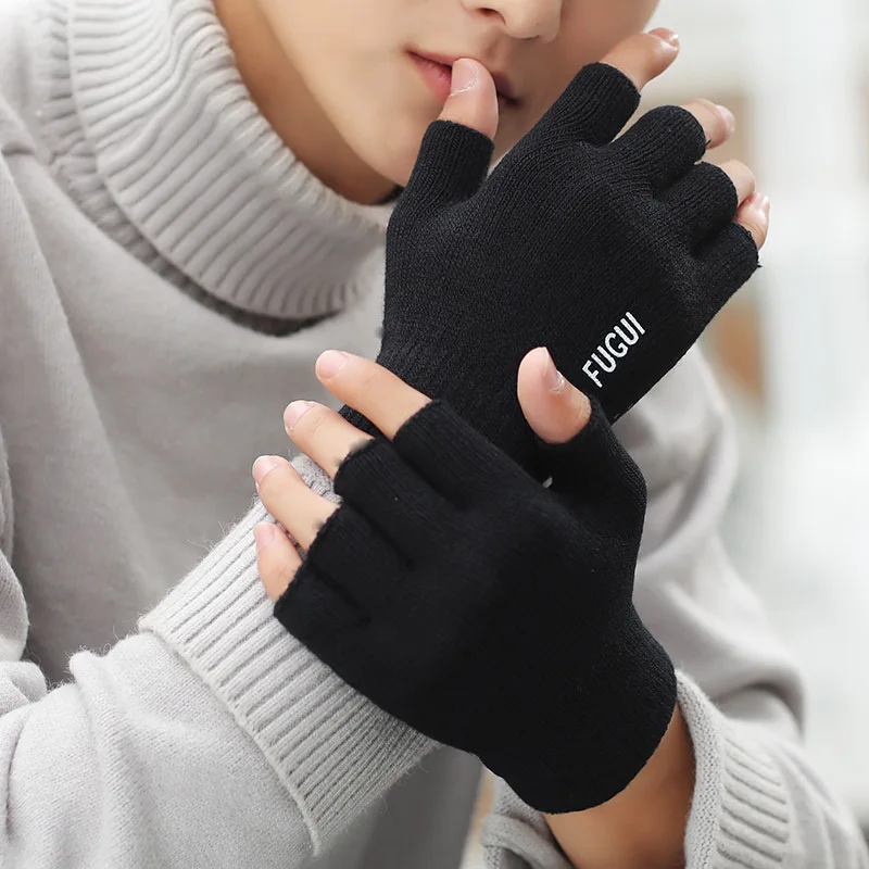 Autumn Winter Man Keep Warm Touch Screen Plus Fleece Knitted Wool High Elasticity Half-Finger Gloves Drive Cycling Non-Slip