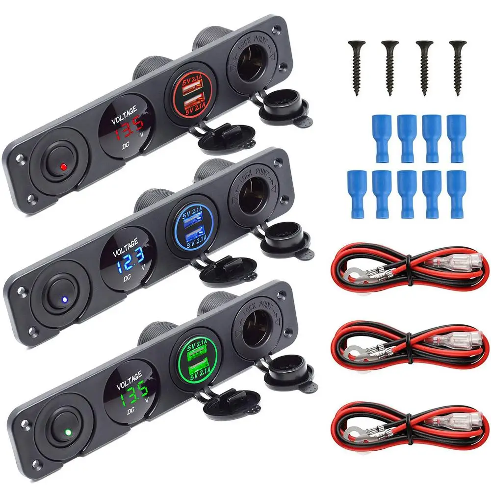 4 In 1 Modification Car Boat Switch Panel For 12 V~24V + Dual USB Socket Charge 5V 4.2A +LED Digital Voltmeter Switch Panel