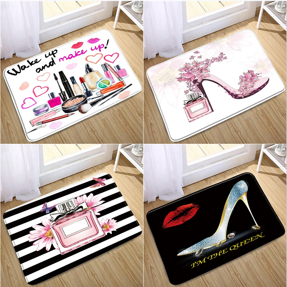 Perfume High-heeled Pattern Flannel Bath Mat Toilet Carpet Door Mat Bathroom Non-slip Rug Kitchen Bedroom Floor Outdoor Doormat