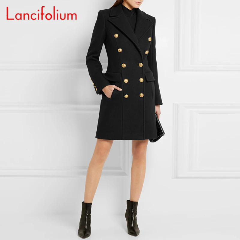 Manteau long en laine mélangée pour femmes, veste à double boutonnage, manteau en laine mince, vêtements d'extérieur élégants, mode militaire, noir, automne, hiver