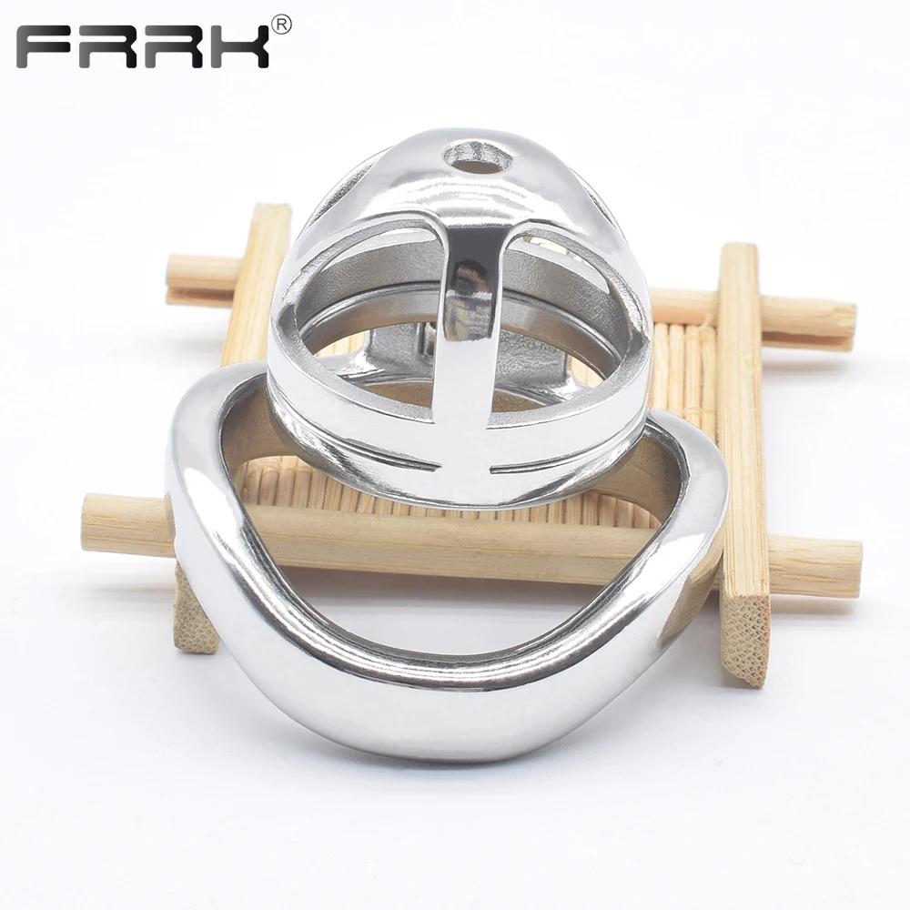 FRRK Small Chastity Belt Lock for Men Metal Cock Cage with Urethral Tube Steel Male Bondage Device Adult Games Erotic Penis Ring