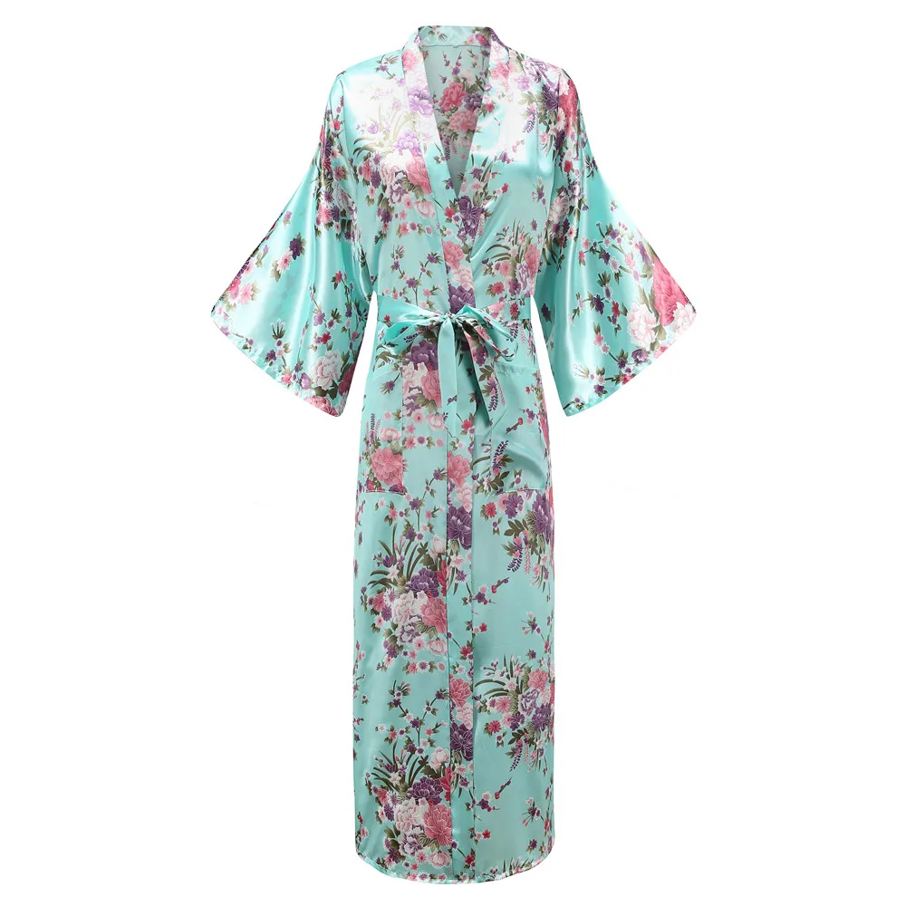 Print Flower Women Kimono Robe Lingerie Long Casual Sleepwear Bathrobe Gown Sexy Satin Home Clothes Nightwear Negligee