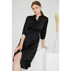 2019 Nature Silk Long  Sleeve Shirt Dress Women Casual Summer Beach Dress Elegant Party Dresses