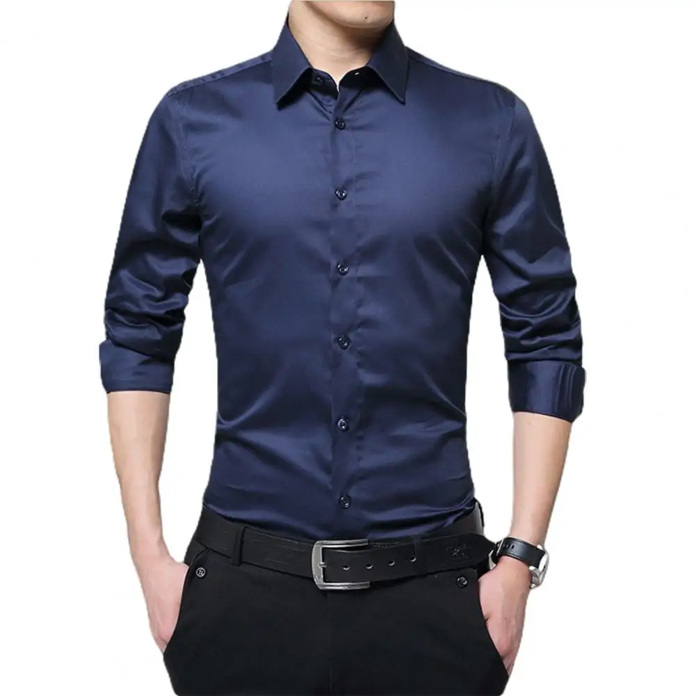 Formal Dress Shirt Men's Clothing Solid Color Turn-down Collar Single-breasted Autumn Slim Male Shirt Top Business