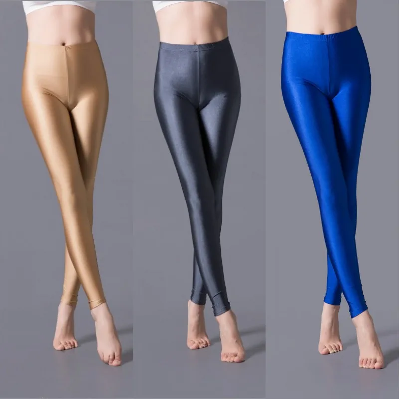 Błyszczące legginsy damskie cienkie pełne legginsy do kostek casual elastan miękkie wielokolorowe Legging spodnie rozciągliwe podstawowe legginsy