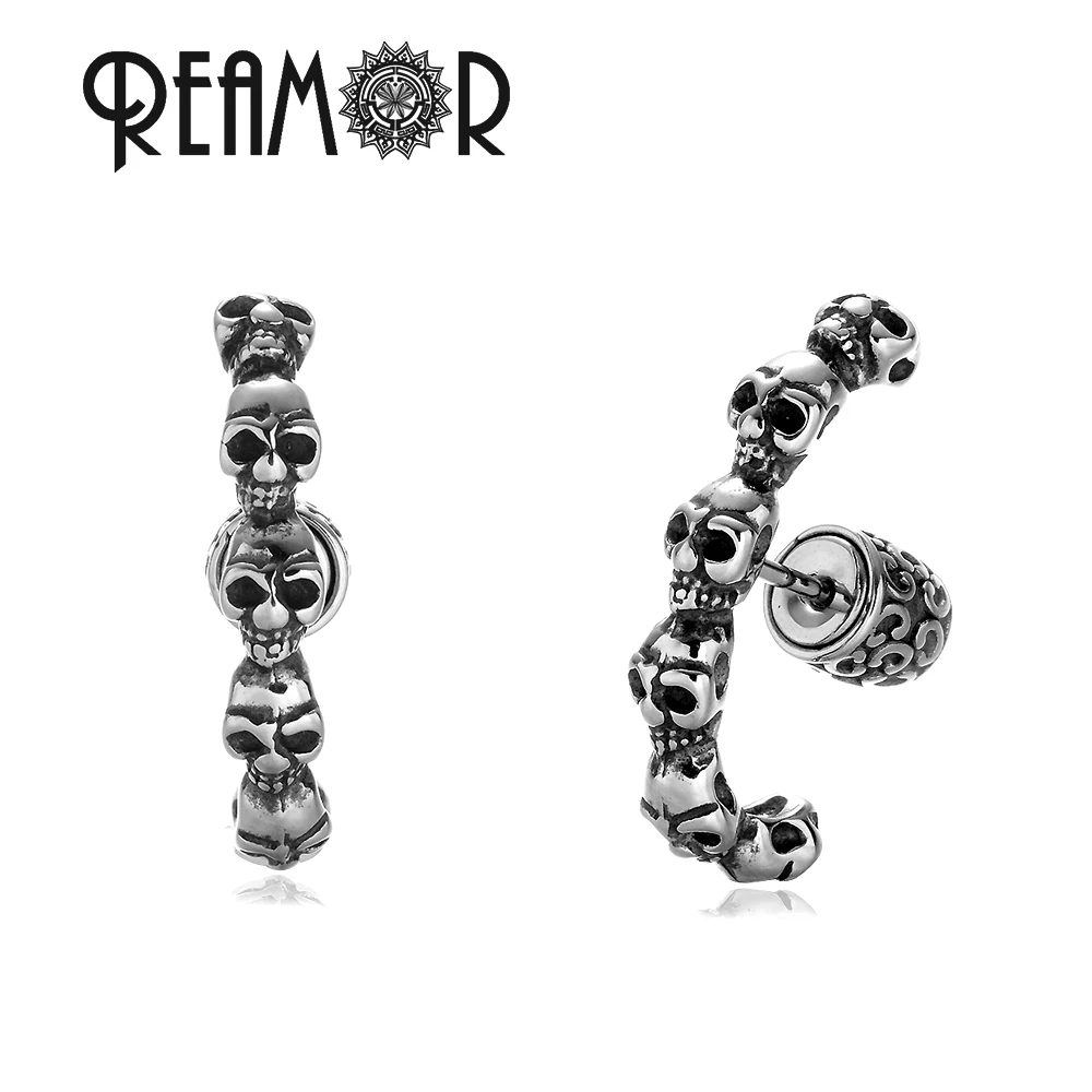 REAMOR Fashion Multiple Skull Arched Stud Earrings for Women Men Stainless steel Skeleton Piercing Earrings Gothic Jewelry 1 Set